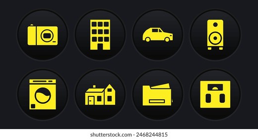 Set Washer, Stereo speaker, House, Printer, Car, Bathroom scales and Photo camera icon. Vector