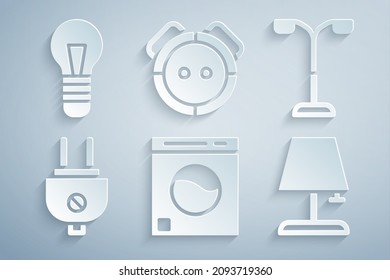 Set Washer, Street light, Electric plug, Table lamp, Robot vacuum cleaner and Light bulb icon. Vector