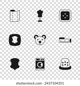 Set Washer, Tape measure, Thimble for sewing, Teddy bear plush toy, Sewing button clothes, Textile fabric roll, Mannequin and Leather icon. Vector