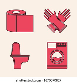 Set Washer , Toilet paper roll , Rubber gloves  and Toilet bowl  icon. Vector