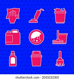 Set Washer, Trash can, Feather broom, Mop and bucket, Bottle for cleaning agent, Bucket with foam and Cleaning service icon. Vector