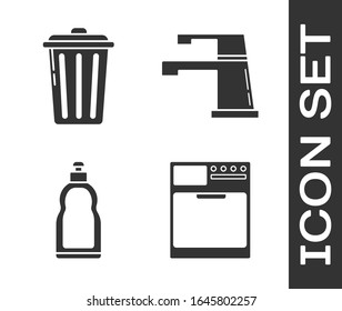 Arandela, Basura , Botellas de plástico para líquido lavavajillas líquido y el icono del grifo de agua. Vector