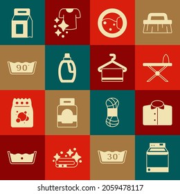 Set Washer, T-shirt, Iron and ironing board, Bottle for cleaning agent, Temperature wash, Laundry detergent and Towel hanger icon. Vector