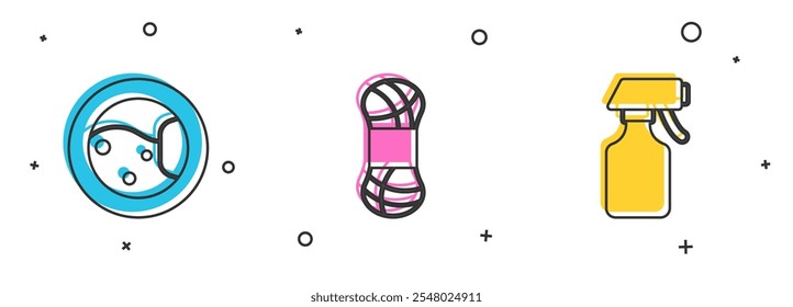 Set Washer, Yarn and Water spray bottle icon. Vector