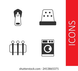 Set Washer, Zipper, Needle for sewing and Thimble icon. Vector