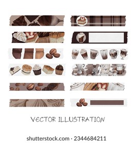 set of washi tape coffee cafe watercolor vector illustration
