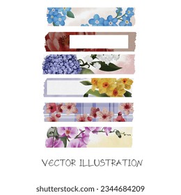 set of washi tape Flowers and leaf watercolor vector illustration