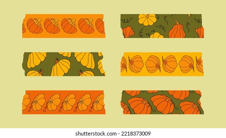 Set of washi tape strips, illustrated scrapbook stickers. Autumn design template, hand drawn pumpkins, flat vector illustration
