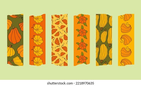 Set of washi tape strips, illustrated scrapbook stickers. Autumn design template, hand drawn pumpkins, flat vector illustration