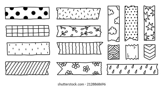 Set of washi tape strips with various cute designs isolated on white background. Scotch paper sticker. Vector hand-drawn illustration in doodle style. Perfect for cards, decorations.