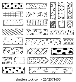 Set of washi tape strips with various cute designs isolated on white background. Scotch paper sticker. Vector hand-drawn illustration in doodle style. Perfect for cards, decorations.