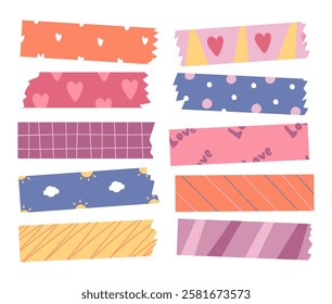 Set washi tape vector illustration. Adhesive ribbon stickers, decorative ripped scrapbook design element, greeting card sticky strip badges.