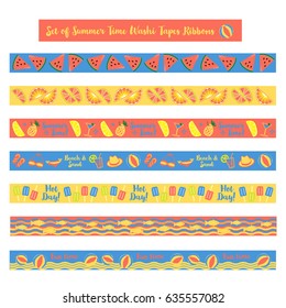 Set of Washi tapes summer party items cute scrapbook tape with watermelon, lime, orange, fresh colorful fun on the beach.