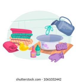 Set for washing. Basin, jug, sponge, towel, shampoo. Vector.