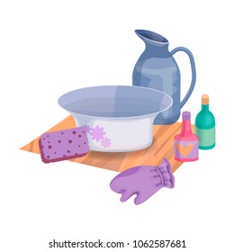 Set for washing. Basin, jug, sponge, towel, shampoo. A vector, image it is isolated.
