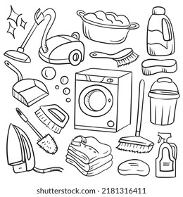 Set for washing and cleaning in the style of doodle. Vector illustration isolated on white background.