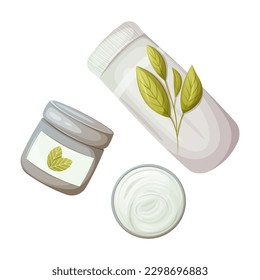 Set for washing, cleansing and moisturizing the skin. Cream in a jar and a rolled towel. Top view. Health and beauty. Trendy vector illustration
