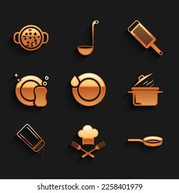 Set Washing dishes, Chef hat and fork, Frying pan, Cooking pot, Salt pepper, Grater and soup icon. Vector