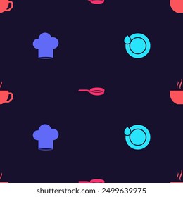 Set Washing dishes, Chef hat, Frying pan and Coffee cup on seamless pattern. Vector
