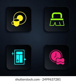 Set Washing dishes, , Cleaning service for window and Brush cleaning. Black square button. Vector