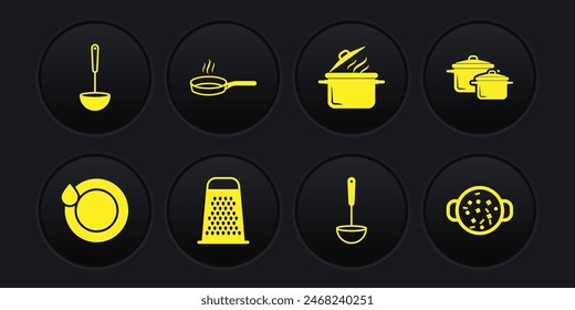 Set Washing dishes, Cooking pot, Grater, Kitchen ladle, Frying pan, soup and  icon. Vector