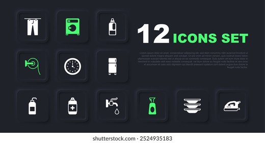 Set Washing dishes, Electric iron, Clock, Cleaning spray with detergent, Toilet paper roll, Antibacterial soap, Washer and Water tap icon. Vector