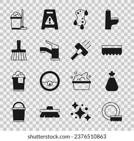 Set Washing dishes, Garbage bag, Sponge, Water tap, Handle broom, Mop bucket and Vacuum cleaner icon. Vector
