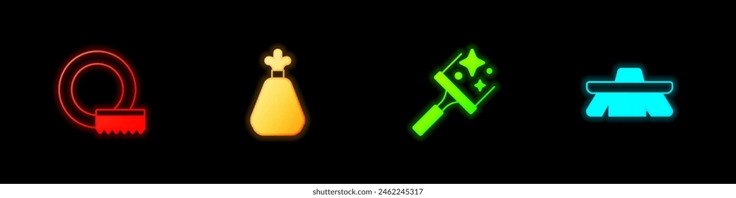 Set Washing dishes, Garbage bag, Rubber cleaner for windows and Brush cleaning icon. Vector