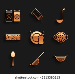 Set Washing dishes, Kitchen colander, Cooking soup pot, Spoon, Sponge with bubbles, ladle and Salt pepper icon. Vector