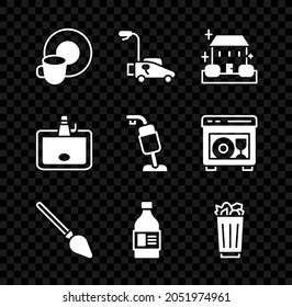 Set Washing dishes, Lawn mower, Home cleaning service, Handle broom, Bottle for agent, Full trash can, Washbasin and Vacuum cleaner icon. Vector