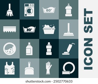 Set Washing dishes, Vacuum cleaner, Rubber plunger, Temperature wash, Sponge, Feather broom and Basin with soap suds icon. Vector