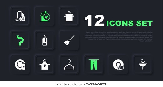Set Washing dishes, Washbasin, Bottle for detergent, Drying clothes, Industry metallic pipe, Kitchen apron, Home cleaning service and Hanger wardrobe icon. Vector