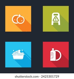 Set Washing dishes, Wet floor and cleaning progress, Plastic basin with soap suds and Dishwashing liquid bottle plate icon. Vector
