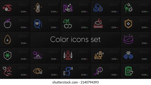 Set of Washing hands, Patient history and Medical shield line icons. Include Myopia, Sick man, Coronavirus injections icons. Electronic thermometer, Dumbbell, Thermometer web elements. Vector