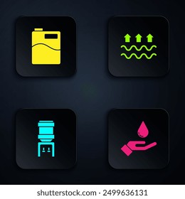 Set Washing hands with soap, Big bottle clean water, Water cooler and Waves of evaporation. Black square button. Vector