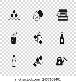 Set Washing hands with soap, Bottle of water, Watering can, Test tube drop, Well, percentage and Glass icon. Vector