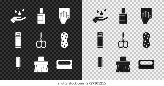Set Waschhände mit Seife, Flasche für Reinigungsmittel, Reinigungsservice, Sanitärtampon, Griffbesen, Rasiergelschaum und Nagelscheren-Symbol. Vektorgrafik