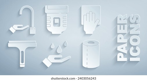 Set Washing hands with soap, Cleaning service, Rubber cleaner, Paper towel roll, Epilator and  icon. Vector