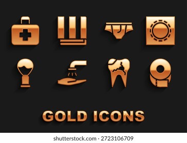 Set Wasch Hände mit Seife, Kondom-Paket sicheren Sex, Toilette Papierrolle, gebrochener Zahn, Rasierpinsel, Unterwäsche, Erste Hilfe-Kit und Handtuchstapel-Symbol. Vektorgrafik
