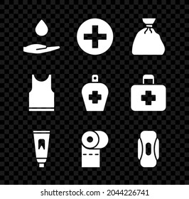 Set Washing hands with soap, Cross hospital medical, Garbage bag, Tube of toothpaste, Toilet paper roll, Sanitary napkin, Sleeveless T-shirt and Bottle liquid antibacterial icon. Vector