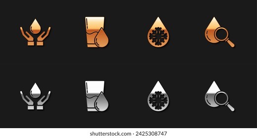 Set Washing hands with soap, Glass water, Defrosting and Drop magnifying glass icon. Vector