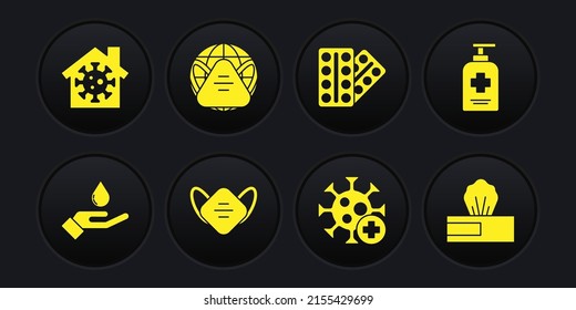 Colocar las manos de lavado con jabón, antibacteriano líquido, máscara de protección médica, virus positivo, blister de Pills, medicina de la Tierra, limpiador húmedo y icono de quedarse en casa. Vector