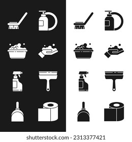 Set Washing hands with soap, Plastic basin suds, Brush for cleaning, Dishwashing liquid bottle plate, Spray detergent, Rubber cleaner windows, Toilet paper roll and Dustpan icon. Vector