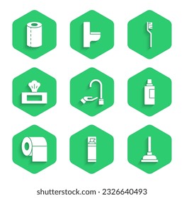 Set Washing hands with soap, Shaving gel foam, Rubber plunger, Bottle for cleaning agent, Toilet paper roll, Wet wipe pack, Toothbrush and Paper towel icon. Vector