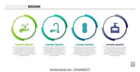 Lavar las manos con jabón, , Esponja y botella de champú. Plantilla de infografía empresarial. Vector