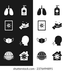 Set Washing hands with soap, Virus statistics on monitor, Lungs, Liquid antibacterial, Medical protective mask, Man coughing, Stay home and Earth medical icon. Vector