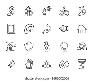 Set of Washing Hands Vector Line Icons. Contains such Icons as Coronavirus, Contactless Water Tap, Antiseptic, Washing Instruction, Hand Dryer, Soap and more. Editable Stroke. 32x32 Pixels.