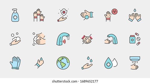 Set of Washing Hands Vector Line Icons. Contains such Icons as Coronavirus, Contactless Water Tap, Antiseptic, Washing Instruction, Hand Dryer, Soap and more. Editable Stroke. 32x32 Pixels.