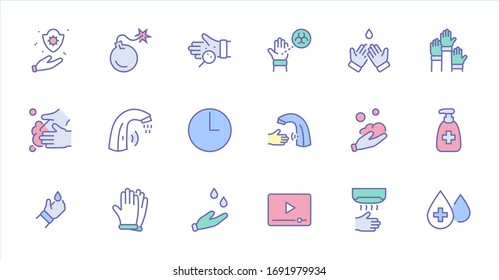 Set of Washing Hands Vector Line Icons. Contains such Icons as Coronavirus, Contactless Water Tap, Antiseptic, Washing Instruction, Hand Dryer, Soap and more. Editable Stroke. 32x32 Pixels.