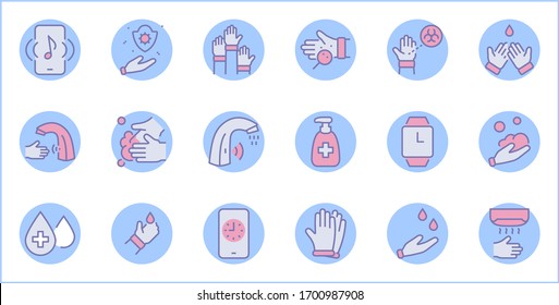 Set of Washing Hands Vector Line Icons. Contains such Icons as Coronavirus, Contactless Water Tap, Antiseptic, Washing Instruction, Hand Dryer, Soap and more. Editable Stroke. 32x32 Pixels